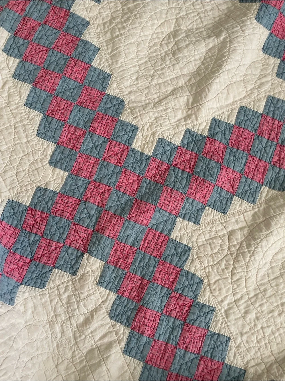 Vintage Antique Hand Quilted Irish Chain Quilt Pink Blue 80x72 Cottage